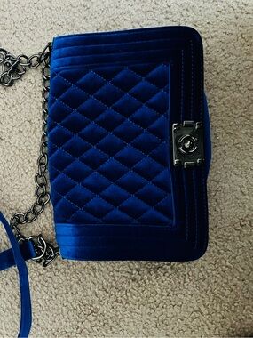Quilted Velvet Crossbody Bag in Royal Blue with Chain Strap